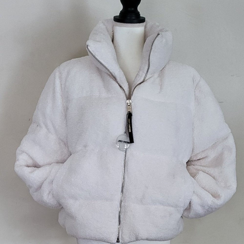 JUCY COUTURE BLACK LABLE FLEECE FUZZY PAFFER JACKET , WHITE  XL